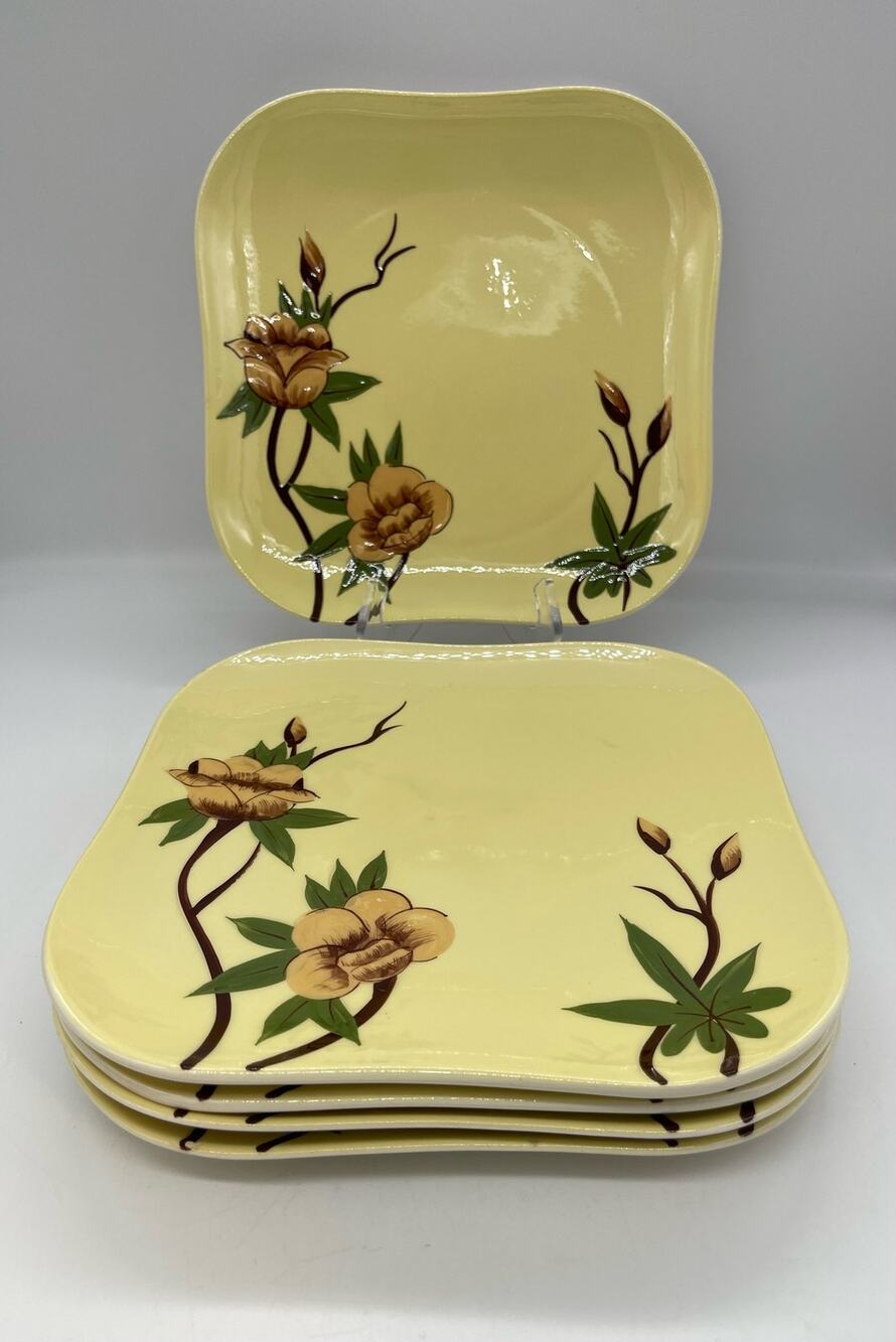 Weil Ware Yellow Rose California Pottery Set of 5 Dinner Plates 9 3/4” Vintage